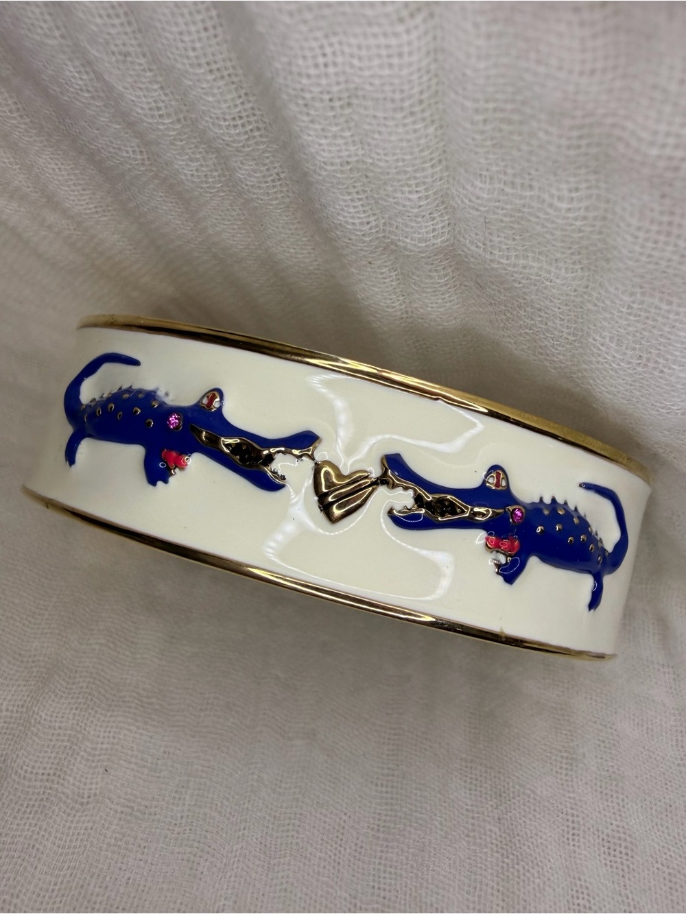 Betsey Johnson Hinged Gold-Tone Cuff Bracelet White Enamel Blue Alligators